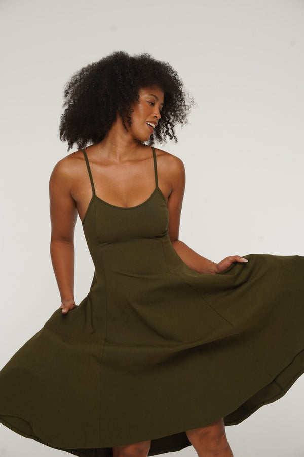 Asri Midi Dress Petite in Khaki Green - Limited Addition - Manners London