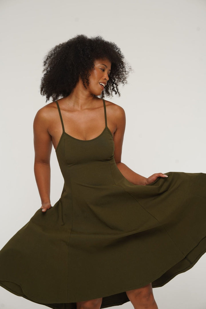 Asri Midi Dress Petite in Khaki Green - Limited Addition - Manners London