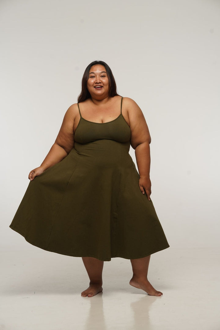 Asri Midi Dress Petite in Khaki Green - Limited Addition - Manners London