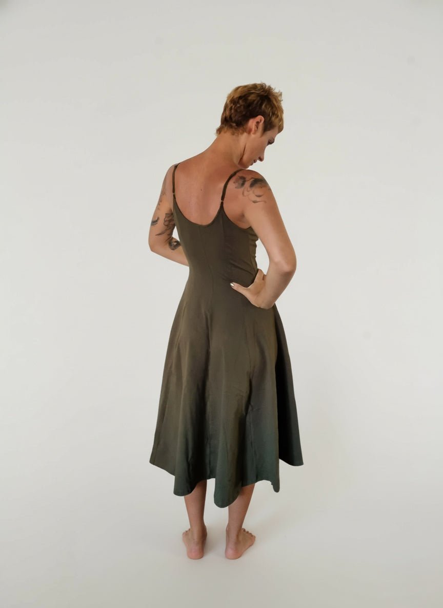 Asri Midi Dress Petite in Khaki Green - Limited Addition - Manners London