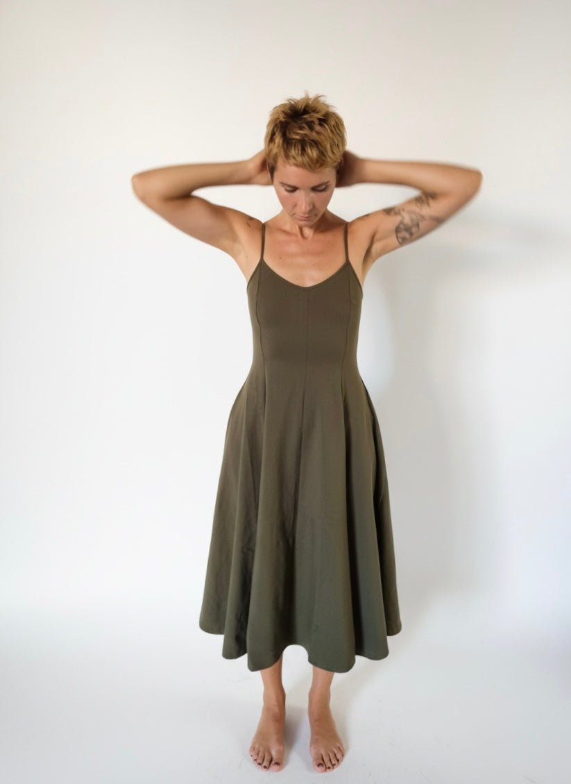 Asri Midi Dress Petite in Khaki Green - Limited Addition - Manners London