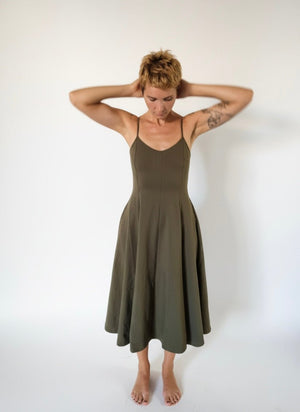 Asri Midi Dress Petite in Khaki Green - Limited Addition - Manners London