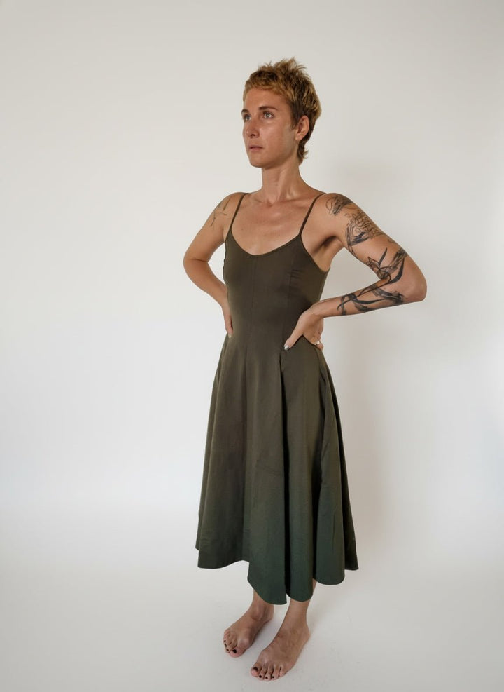 Asri Midi Dress Petite in Khaki Green - Limited Addition - Manners London