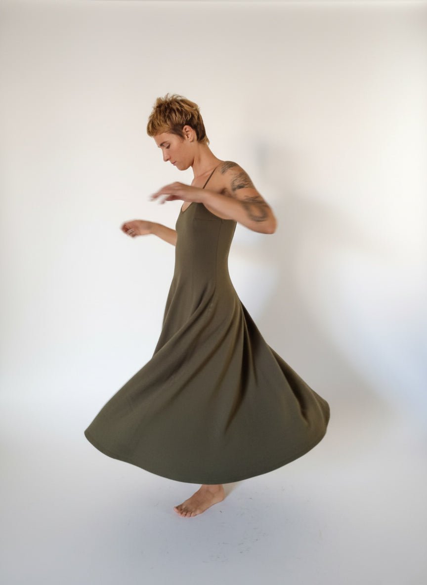 Asri Midi Dress Petite in Khaki Green - Limited Addition - Manners London