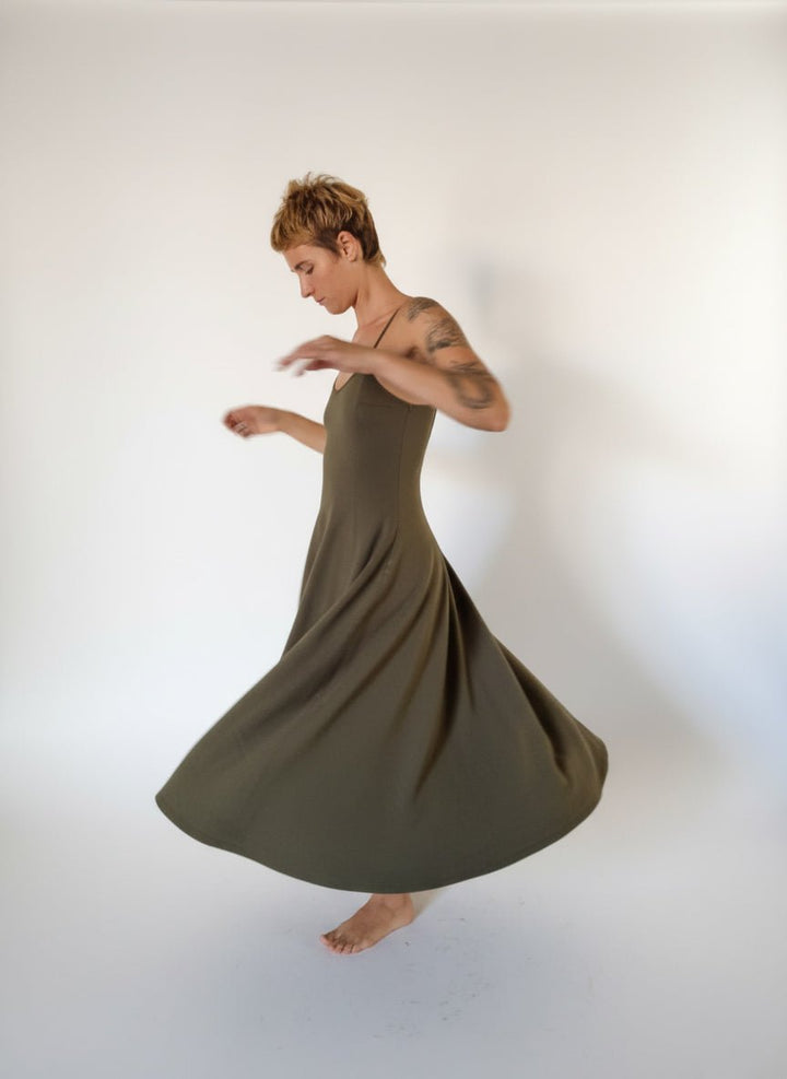 Asri Midi Dress Petite in Khaki Green - Limited Addition - Manners London