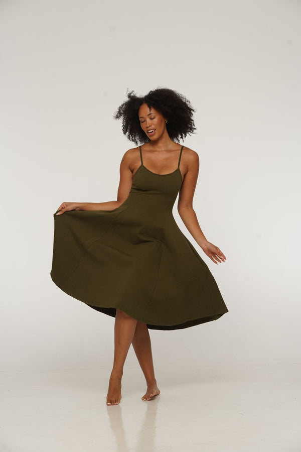 Asri Midi Dress Petite in Khaki Green - Limited Addition - Manners London