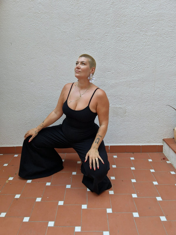 Asri Wide Leg Jumpsuit in Black with pockets - Manners London