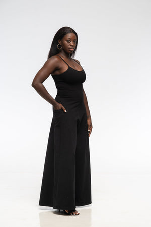 Asri Wide Leg Jumpsuit in Black with pockets - Manners London