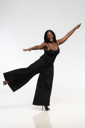 Asri Wide Leg Jumpsuit in Black with pockets - Manners London