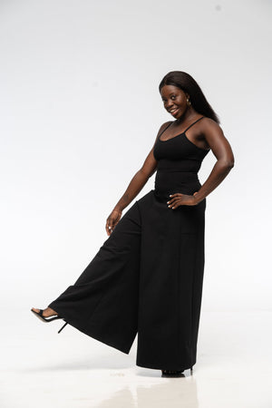 Asri Wide Leg Jumpsuit in Black with pockets - Manners London