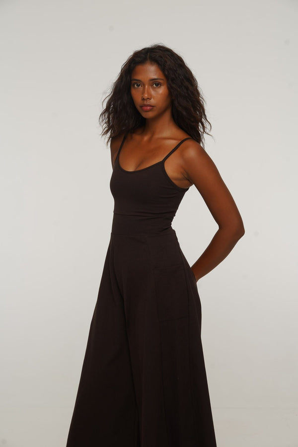 Asri Wide Leg Jumpsuit Petite in Cafe with pockets - Manners London