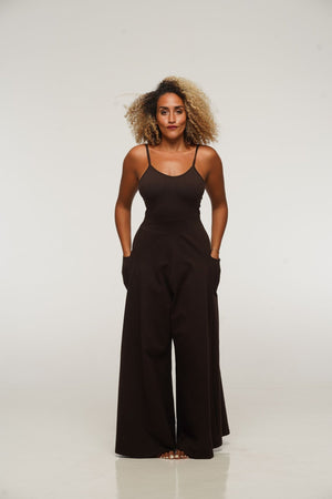 Asri Wide Leg Jumpsuit Petite in Cafe with pockets - Manners London