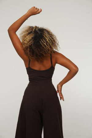 Asri Wide Leg Jumpsuit Petite in Cafe with pockets - Manners London
