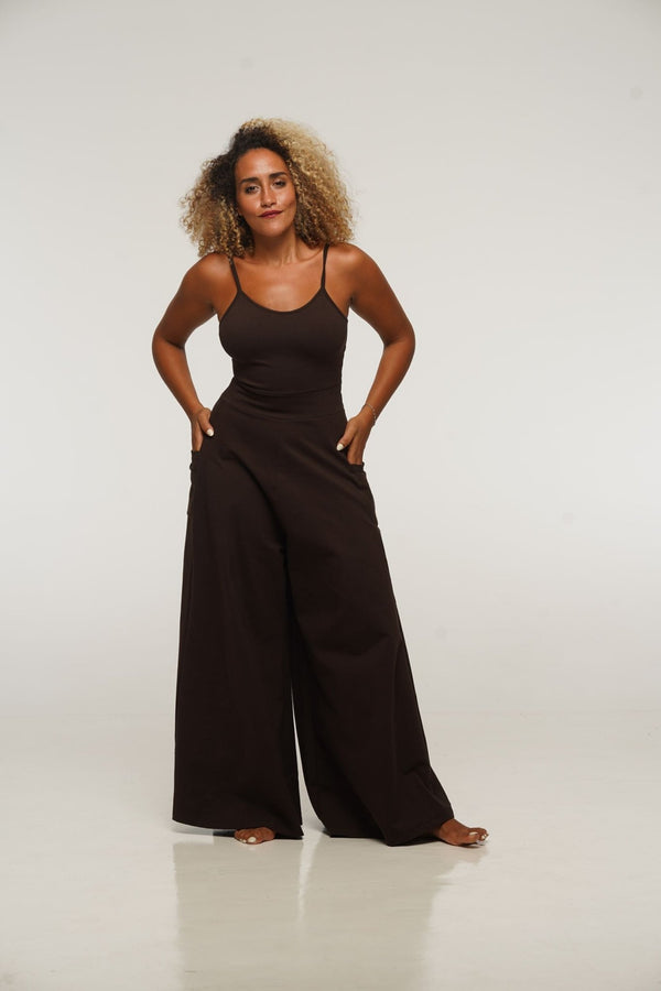 Asri Wide Leg Jumpsuit Petite in Cafe with pockets - Manners London