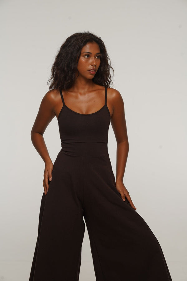 Asri Wide Leg Jumpsuit Petite in Cafe with pockets - Manners London