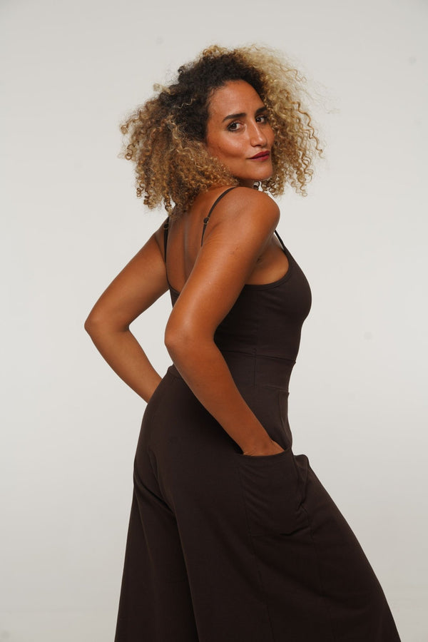 Asri Wide Leg Jumpsuit Petite in Cafe with pockets - Manners London