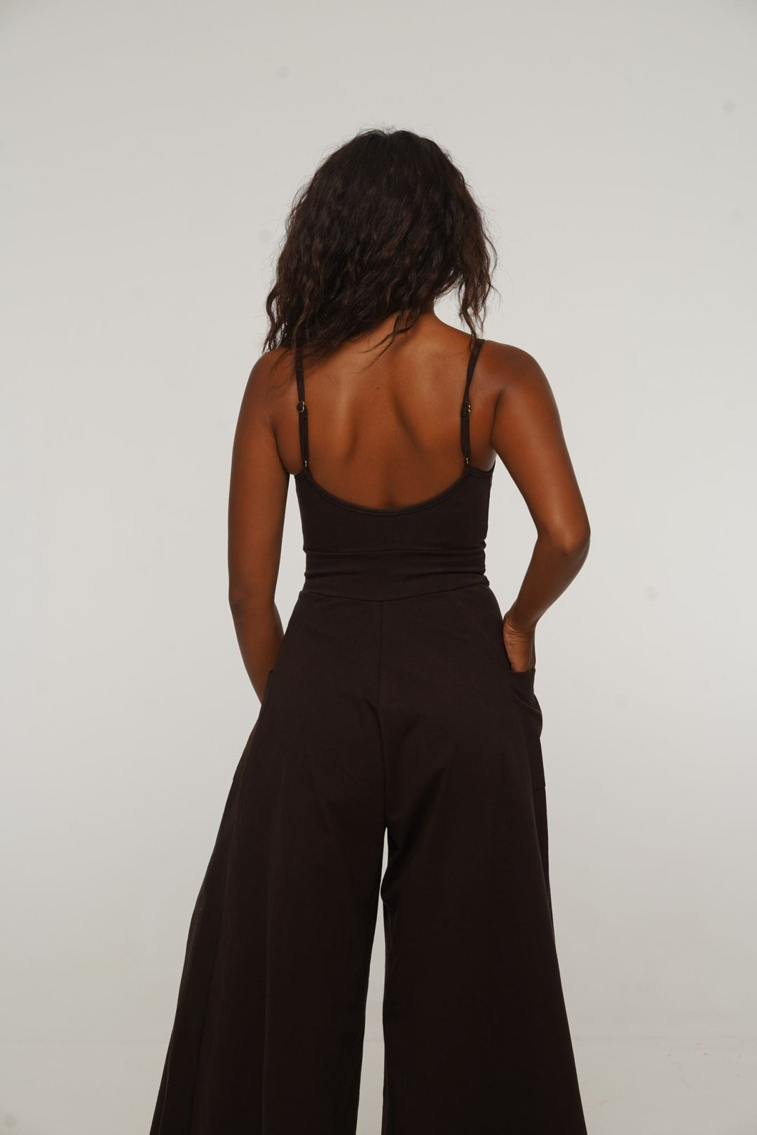 Asri Wide Leg Jumpsuit Petite in Cafe with pockets - Manners London