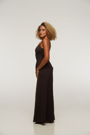 Asri Wide Leg Jumpsuit Petite in Cafe with pockets - Manners London