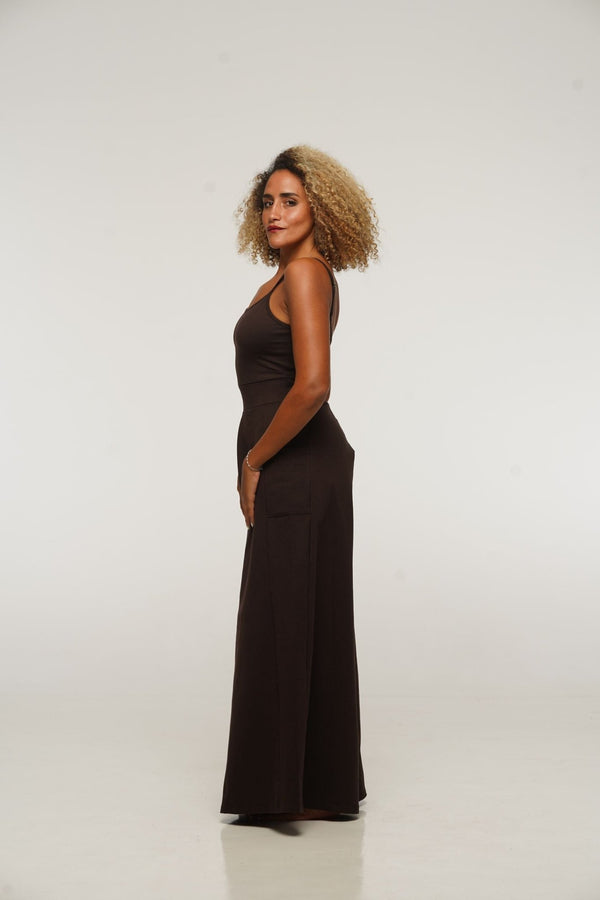 Asri Wide Leg Jumpsuit Petite in Cafe with pockets - Manners London