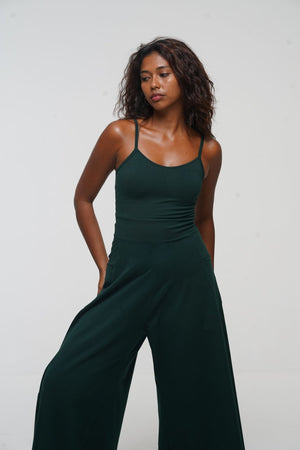 Asri Wide Leg Jumpsuit Petite with pockets in Forest Green - Manners London