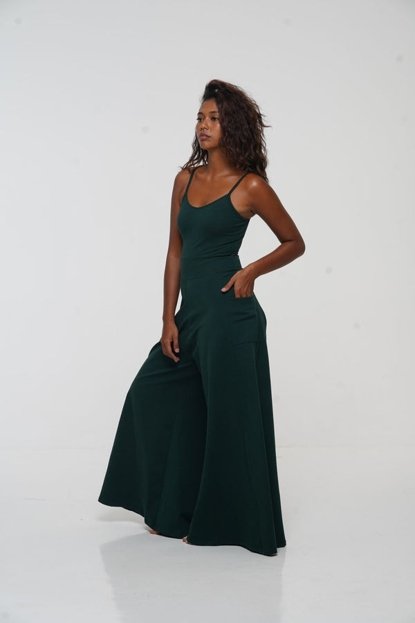 Asri Wide Leg Jumpsuit Petite with pockets in Forest Green - Manners London