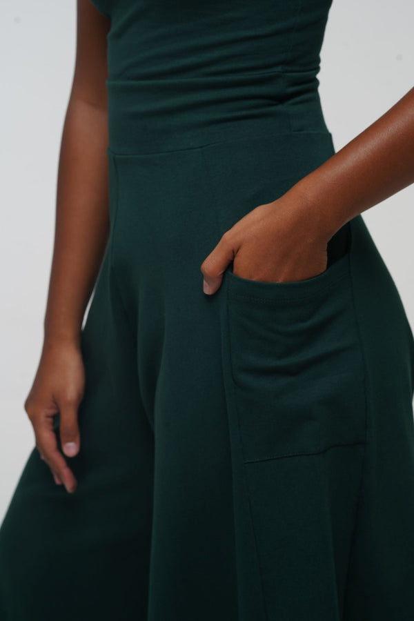 Asri Wide Leg Jumpsuit Petite with pockets in Forest Green - Manners London