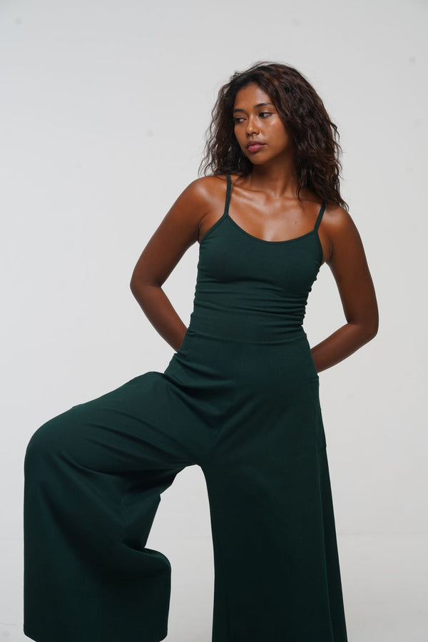 Asri Wide Leg Jumpsuit Petite with pockets in Forest Green - Manners London