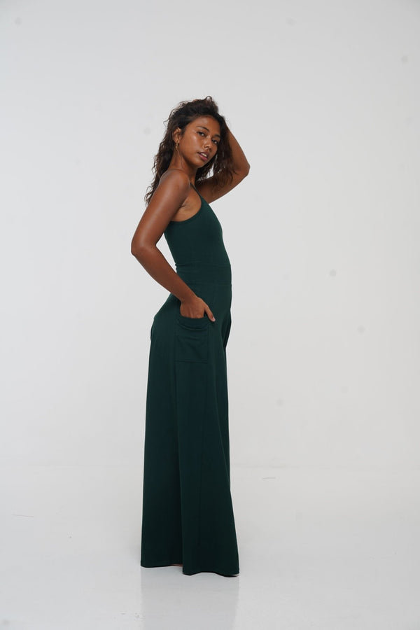 Asri Wide Leg Jumpsuit with pockets in Forest Green - Manners London