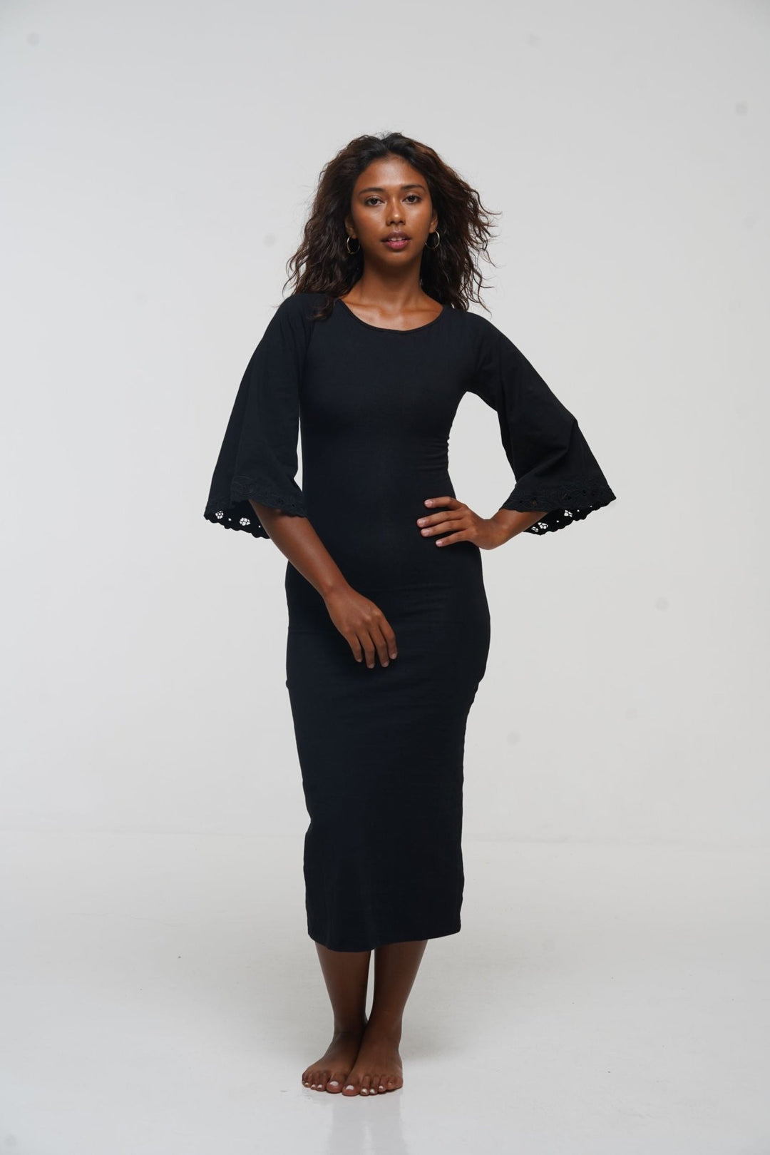 Balinese Lace Back Midi Dress in Black - Manners London