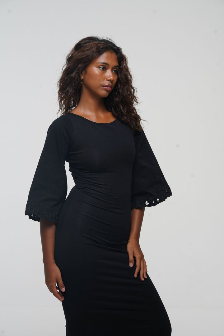 Balinese Lace Back Midi Dress in Black - Manners London