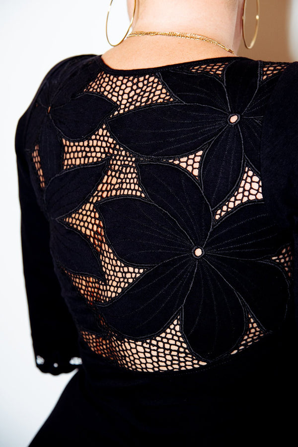 Balinese Lace Back Midi Dress in Black - Manners London