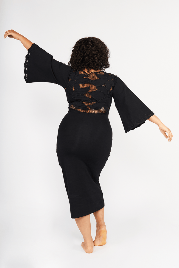 Balinese Lace Back Midi Dress in Black - Manners London