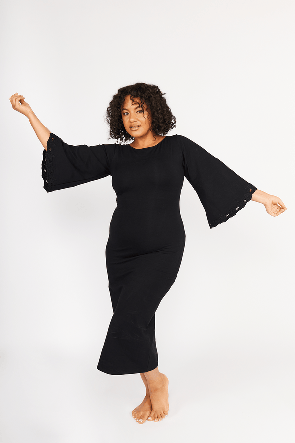 Balinese Lace Back Midi Dress in Black - Manners London