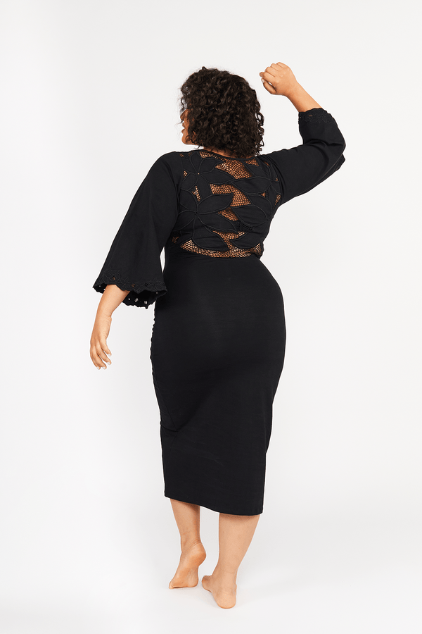 Balinese Lace Back Midi Dress in Black - Manners London