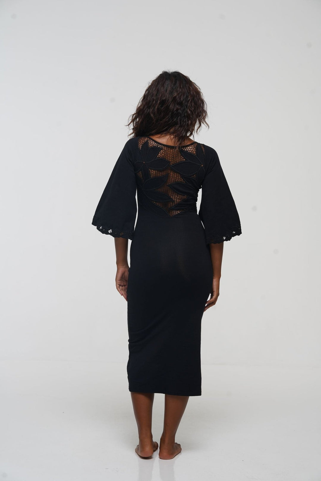 Balinese Lace Back Midi Dress in Black - Manners London