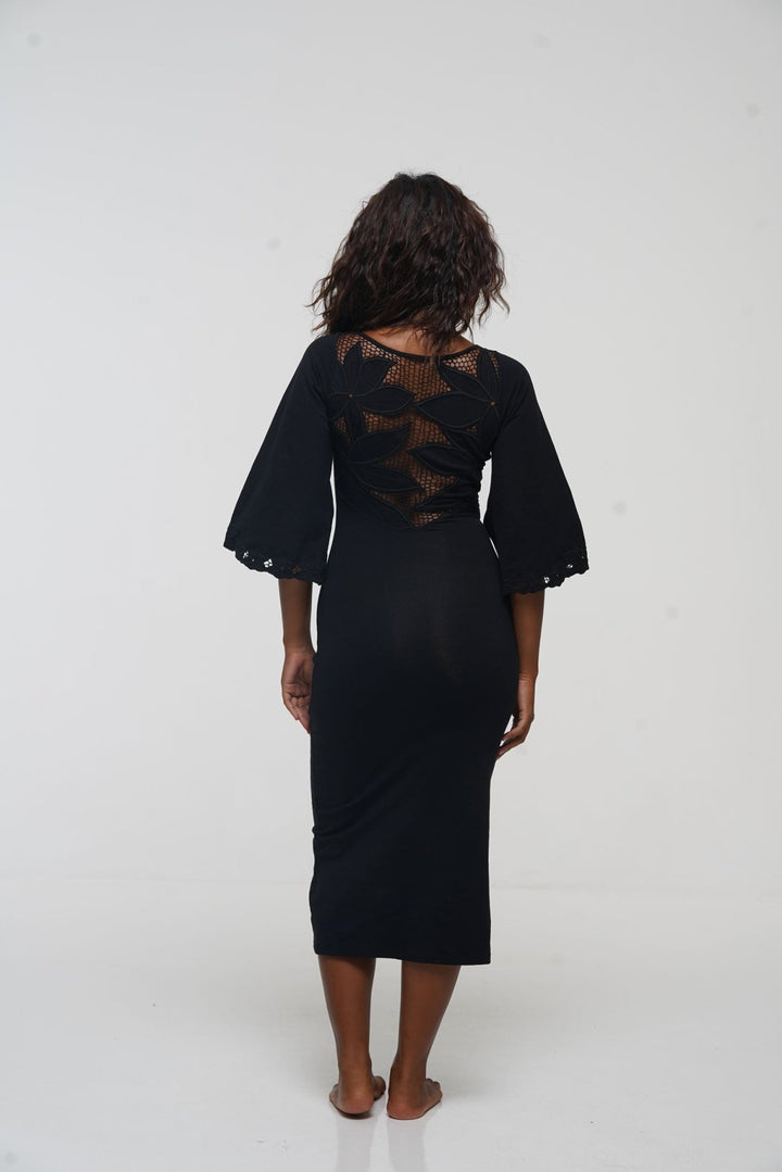 Balinese Lace Back Midi Dress in Black - Manners London
