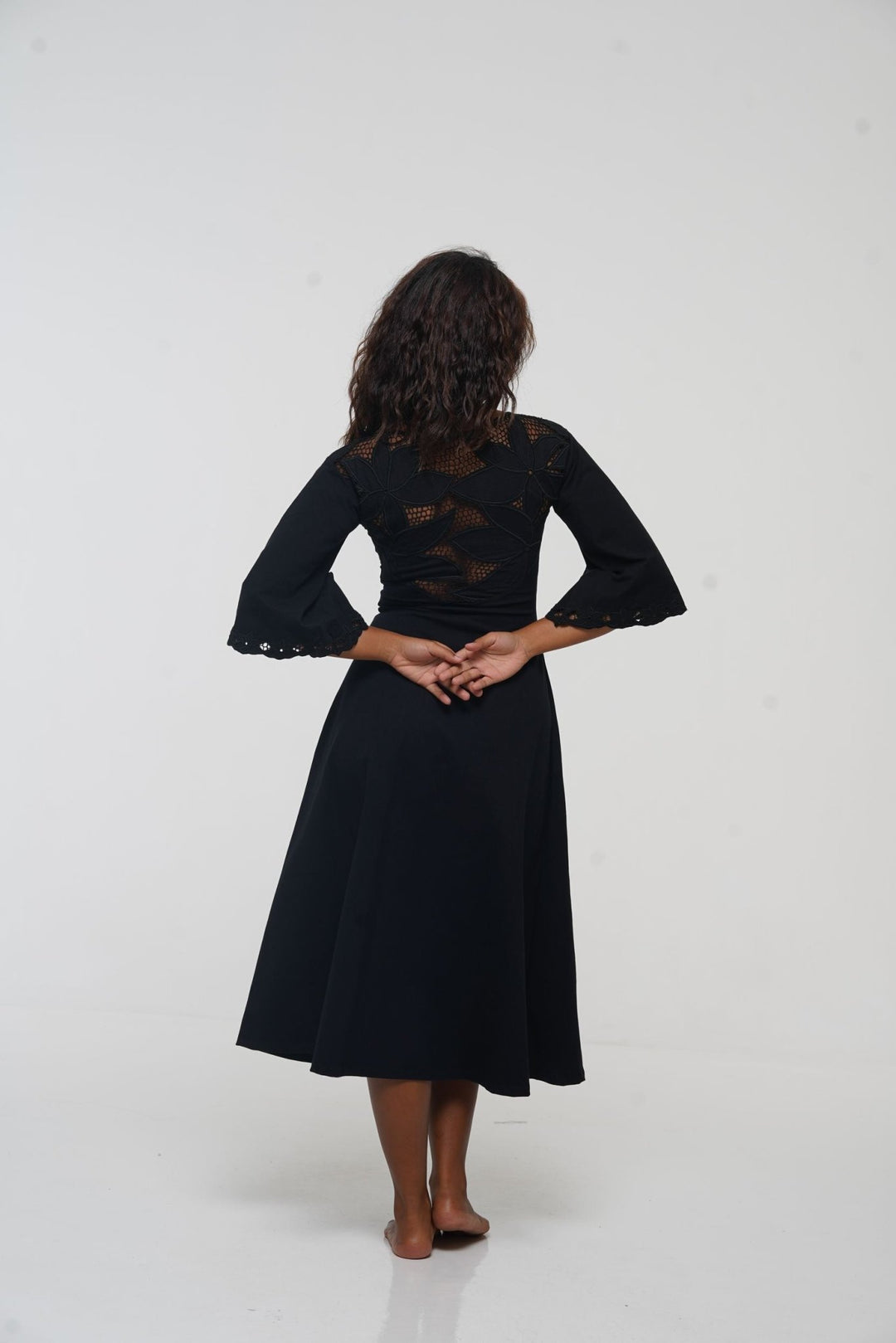 Balinese Lace Dress Midi A - Line in Black - Manners London