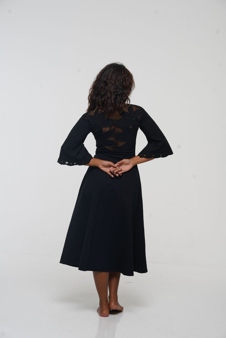 Balinese Lace Dress Midi A - Line in Black - Manners London