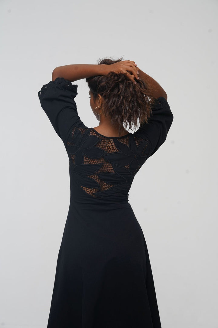 Balinese Lace Dress Midi A - Line in Black - Manners London