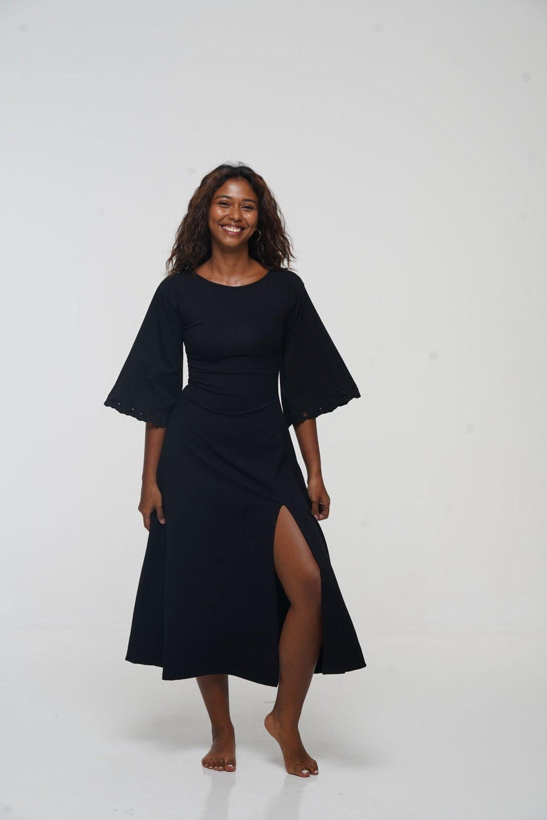 Balinese Lace Dress Midi A - Line in Black - Manners London