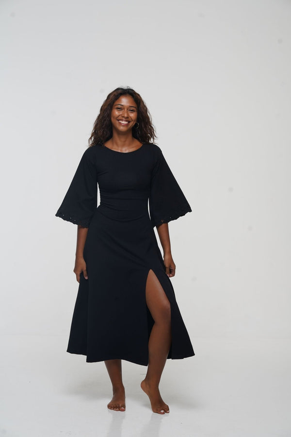 Balinese Lace Dress Midi A - Line in Black - Manners London