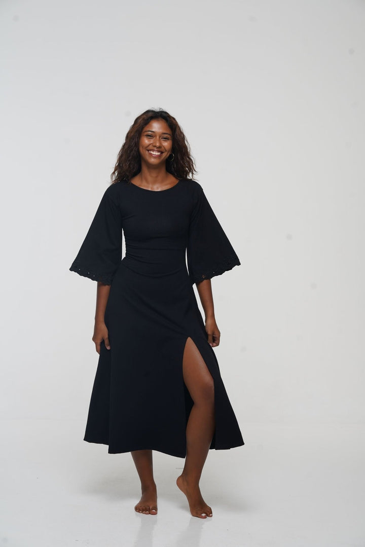 Balinese Lace Dress Midi A - Line in Black - Manners London