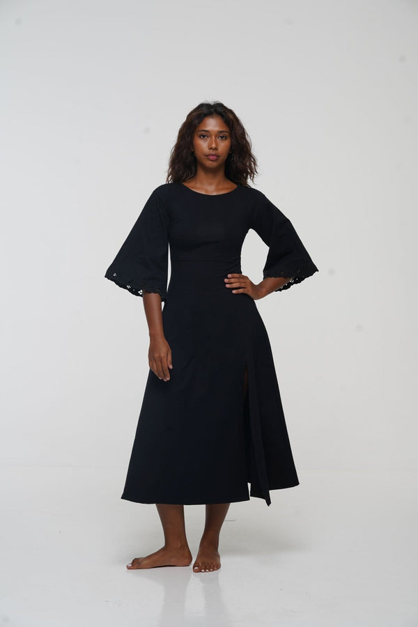 Balinese Lace Dress Midi A - Line in Black - Manners London
