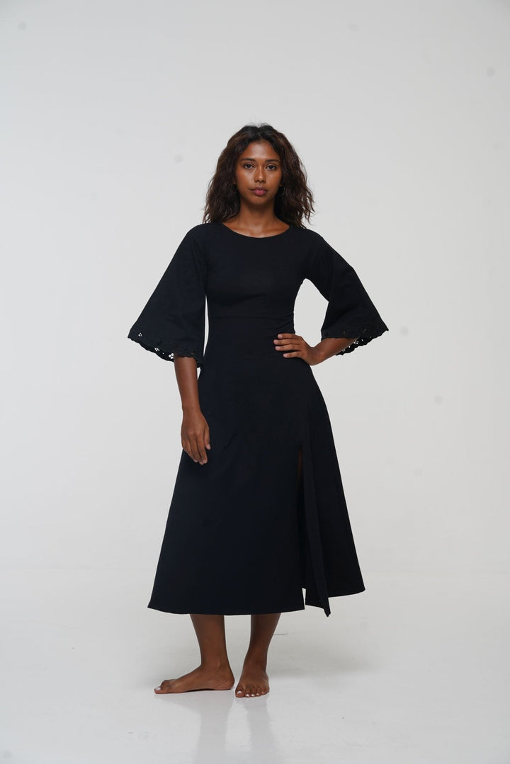 Balinese Lace Dress Midi A - Line in Black - Manners London
