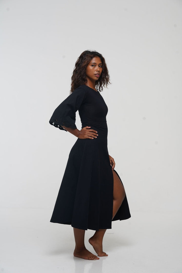 Balinese Lace Dress Midi A - Line in Black - Manners London