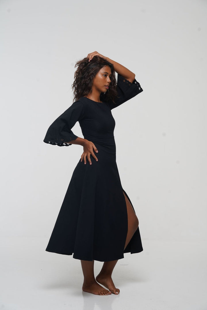 Balinese Lace Dress Midi A - Line in Black - Manners London