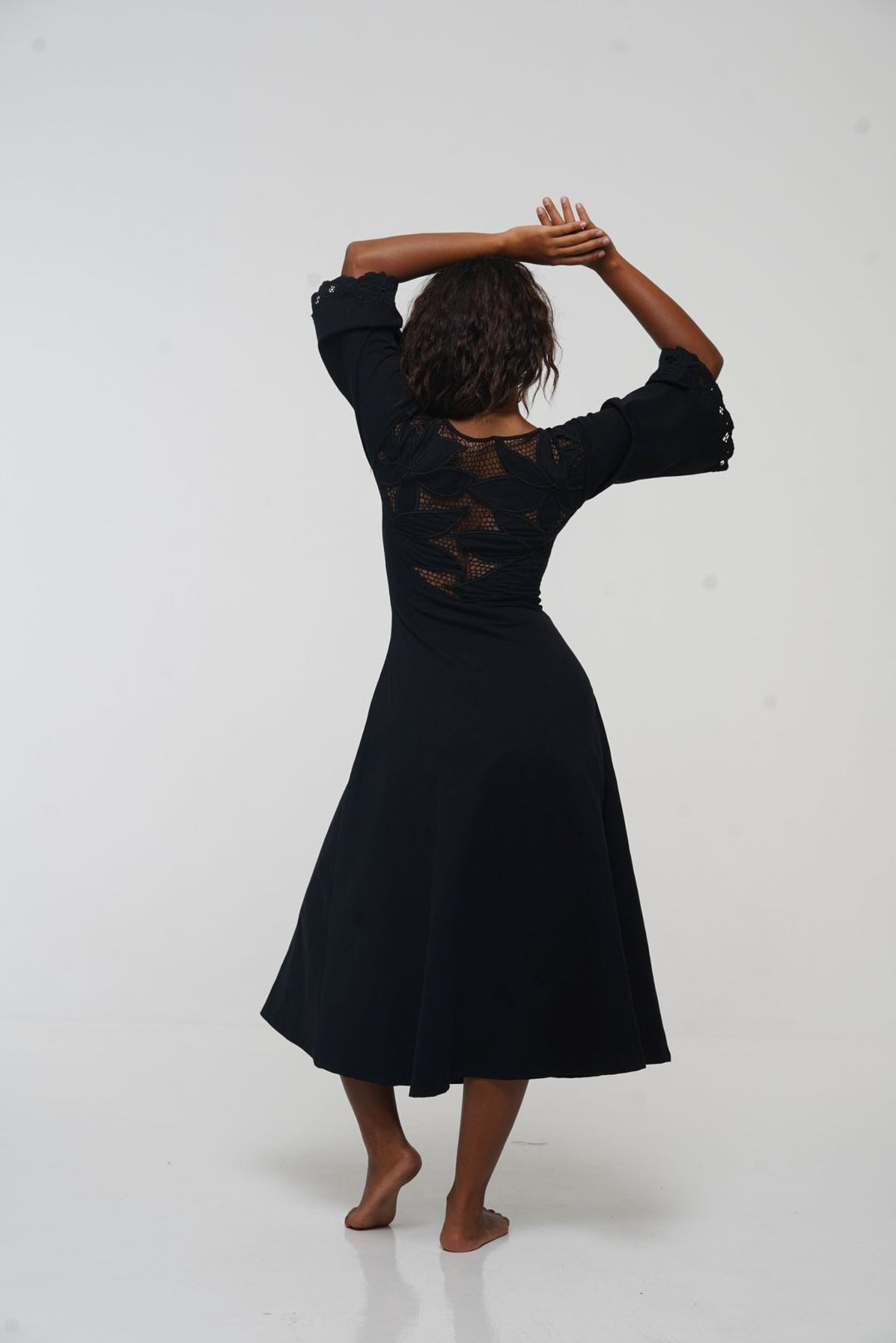 Balinese Lace Dress Midi A - Line in Black - Manners London