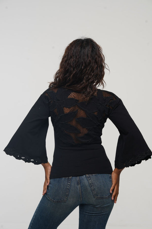 Balinese Lace Top flared sleeve in Black - Manners London