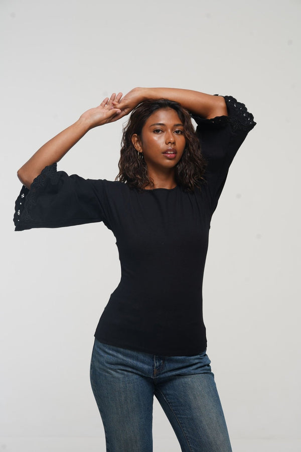 Balinese Lace Top flared sleeve in Black - Manners London