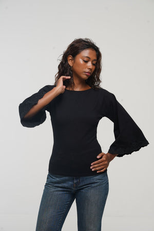 Balinese Lace Top flared sleeve in Black - Manners London